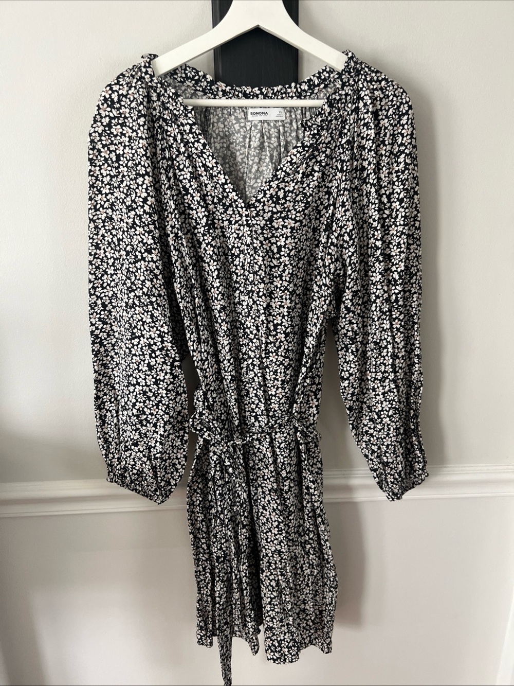Sonoma Black & White Floral Tie-Waist Long Sleeve Dress - Picture 1 of 3